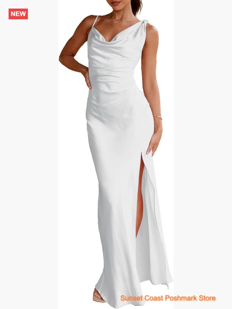 Satin Cowl Neck Maxi Dress Backless Formal Elegant Wedding Guest Dress With Slit